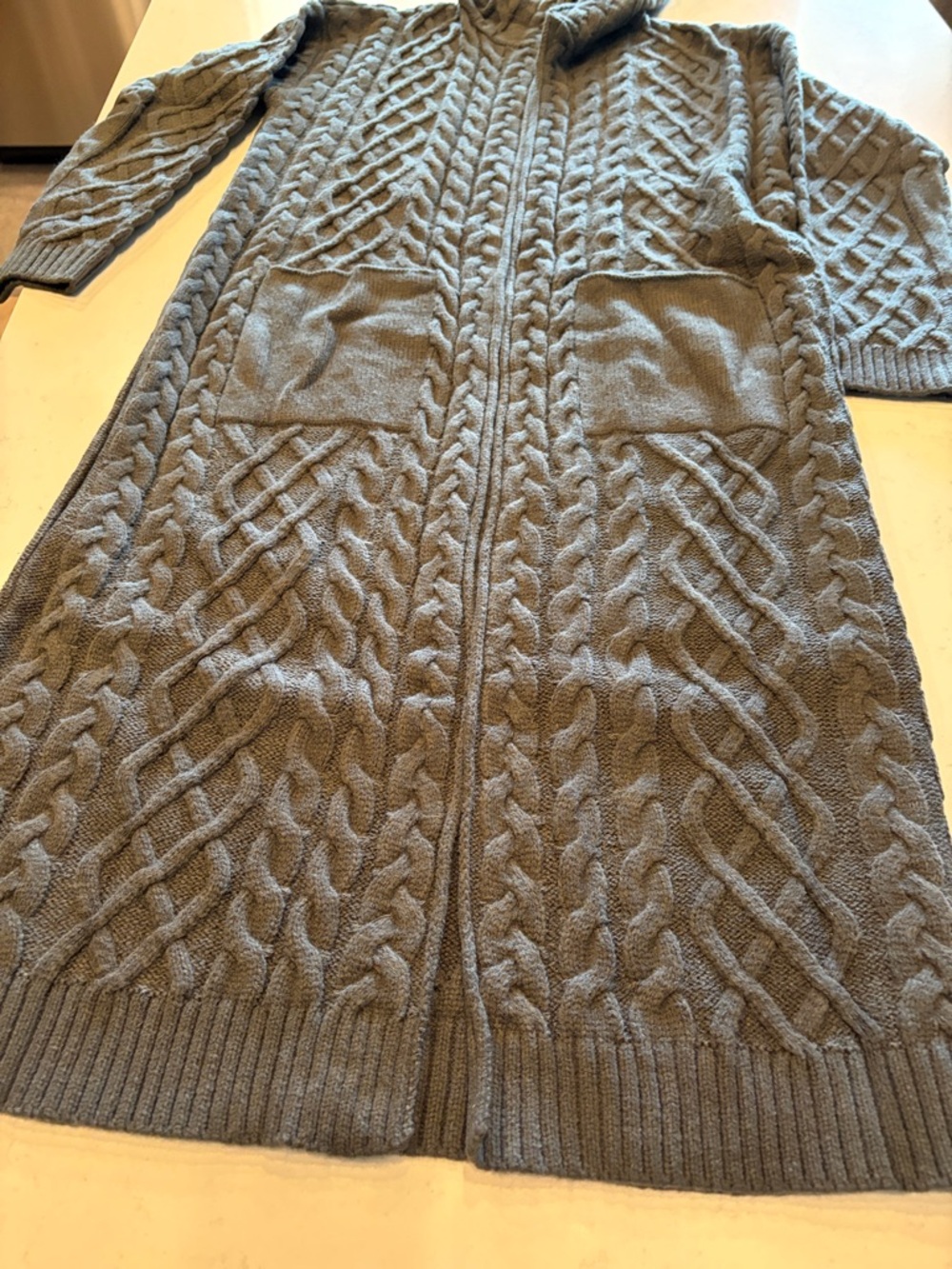 Cozy Cable Knit Hooded Cardigan coat in Heather Gray